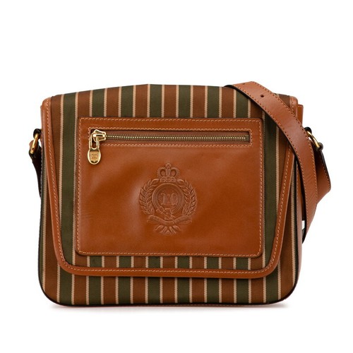 CELINE Trionf Stripe Canvas Leather Shoulder Bag Brown Green Used Authentic