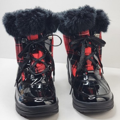 Ann Klein Boots Women 8M Black Patent Leather Red Plaid Lace Up Faux Fur Casual 