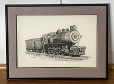 Framed ORIGINAL Pen & Ink Southern Railroad Engine Cary, NC artist Jerry Miller
