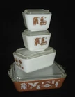 PYREX - 8 pc. Brown, White EARLY AMERICAN Refrigerator, Lid Set - #501, 502, 503