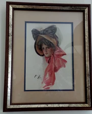 Rare  1907s Colored Print of Victorian Lady framed under glass Gold frame