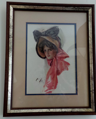 Rare 1907s Colored Print of Victorian Lady framed under glass Gold