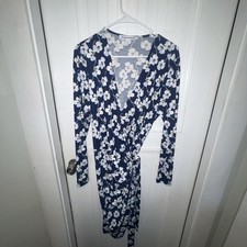 Essentials Women's Long Sleeve Classic Wrap Dress - Navy, Flowers - Size: XL b94