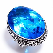 925 Sterling Silver Jewelry Handmade Swiss Blue Topaz Gemstone Women Ring 6.5 US
