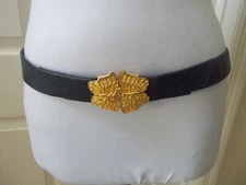 VTG DOUGLAS PAQUETTE Black Leather Belt w/ Heavy Gold Butterfly Clasp
