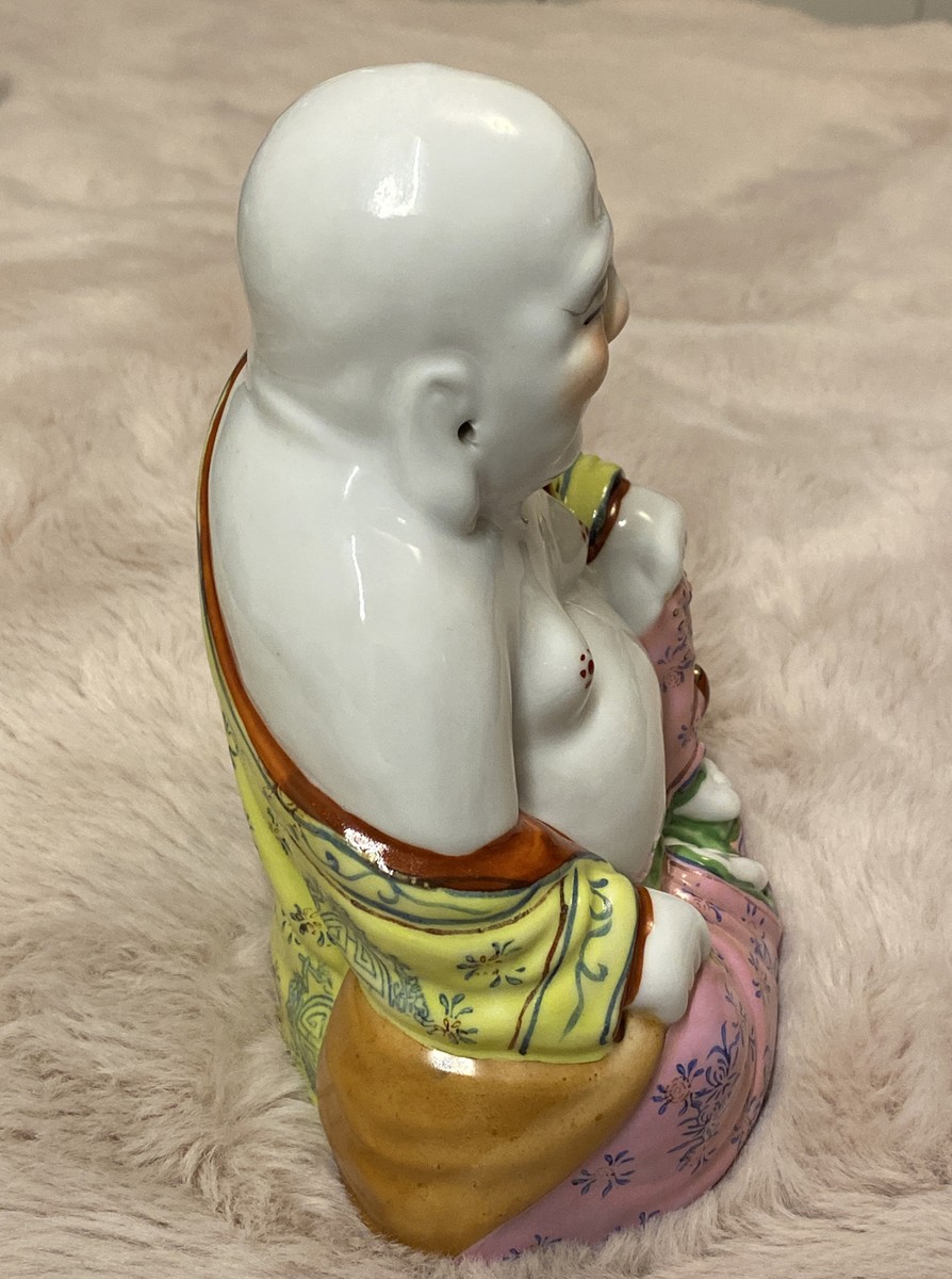 Nhân Đỗ Vintage Chinese famille Rose Happy Smiling Buddha Green Lucky