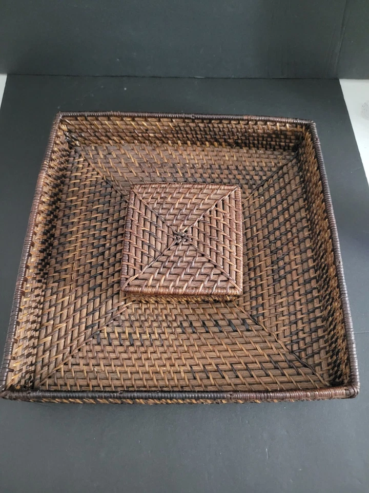 Crate & Barrel Brown Rattan Basketweave Chip & Dip Square Serving Tray 12x12x3" - Image 2 of 4