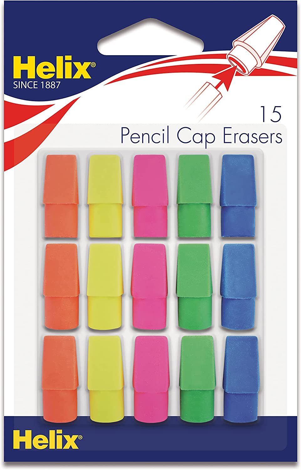 Maped Helix US Pencil Cap Latex Free Erasers, Assorted Colors, Pack of