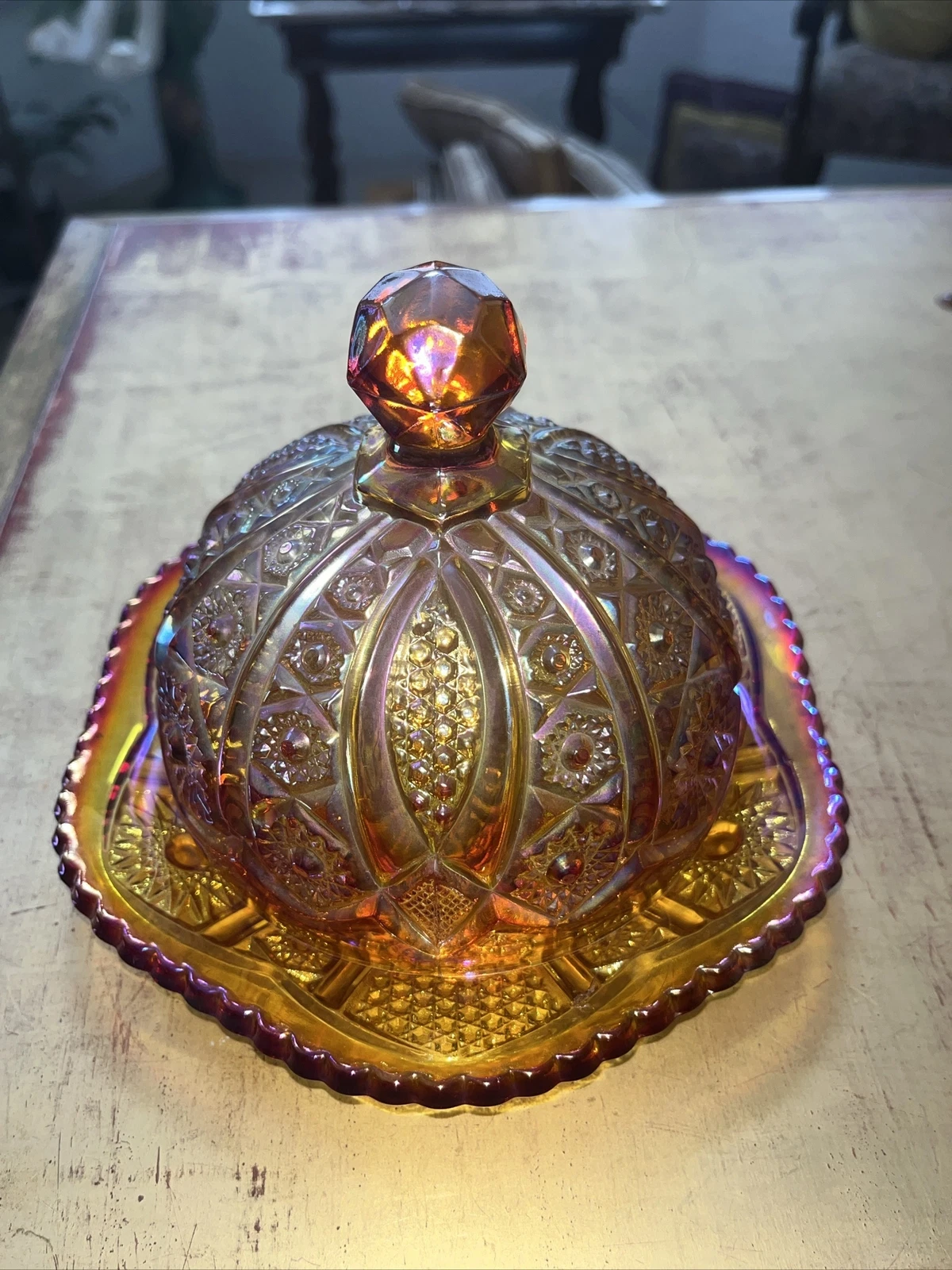 Vintage Indiana Glass Domed Carnival Glass Butter Cheese Dish Red Orange Colors