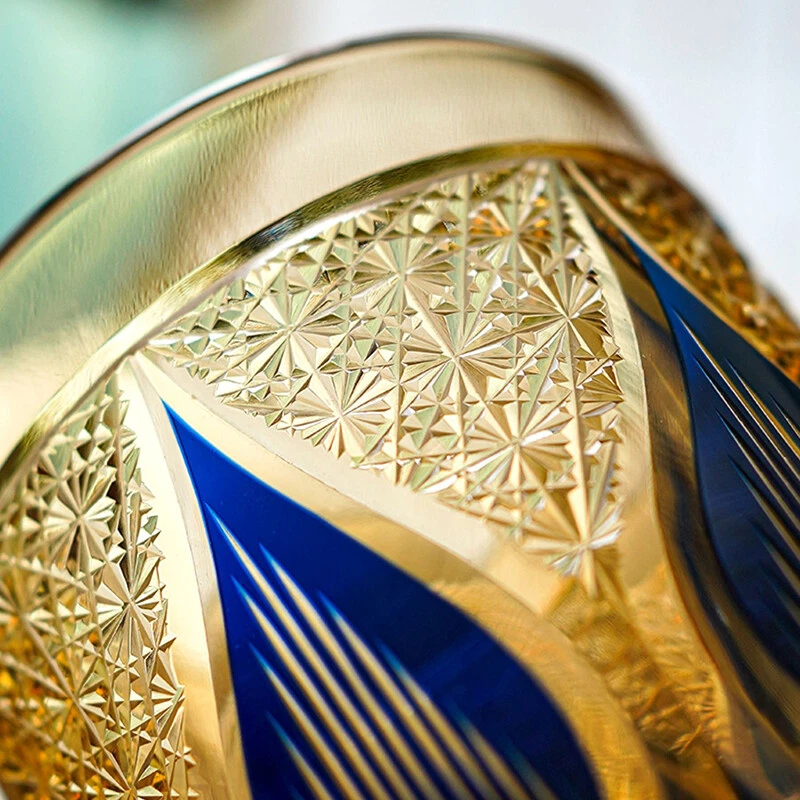 Hand Cut Edo Kiriko Glasses Drinking Glass 9 Ounces Amber Blue Whiskey Cup Gift - Image 4 of 4