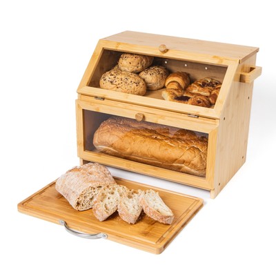 Bambus Brotkasten Doppellagig Schneidebrett Küche Aufbewahrungsbox mit MÄNGELN
