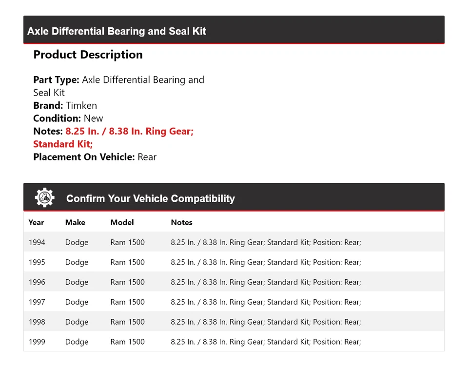 适用于 1994 - 1999 年道奇 Ram 1500 轴差速轴承和密封套件后铁姆肯公司 — 第 2/3 张图片