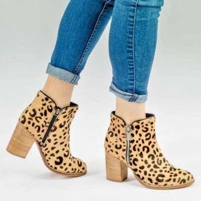 Mujer Cuero Genuino Botines Tacón en Bloque Chelsea Animal Estampado Cremallera - Imagen 1 de 4