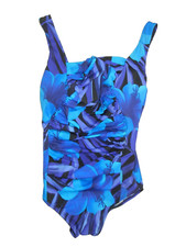 Vtg 80s 90s ROBBY LEN Bright Blue FLORAL SWIM SUIT Summer Pool Beach Women 22-W