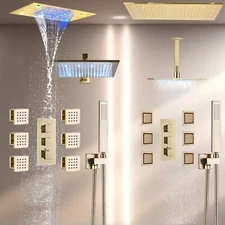 Thermostatic Shower Faucet Set Kit LED Rain Waterfall Head Combo Massage System