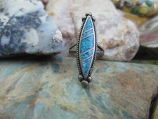 Vintage Sterling Silver Crushed Turquoise Inlay Long Ring Navajo Old Pawn Size 7
