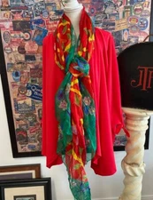 Vintage Malatesta Red Colorful Floral Silk Scarf Made in India Long WOW