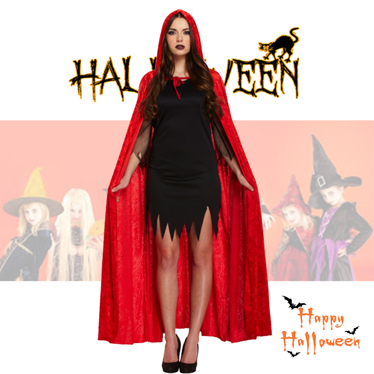 strapless open back dress 2PCS Black 1950s Halloween Bat Mesh Dress & Sheer Cape main image 0