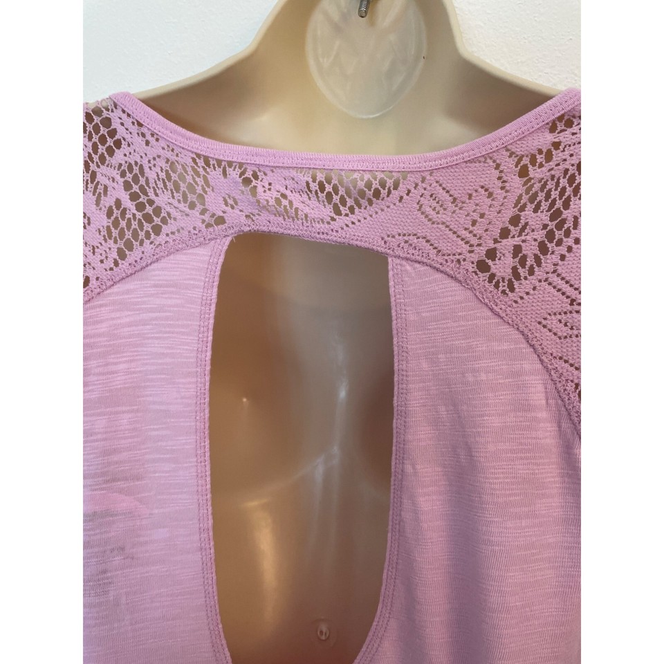 Earth Yoga Pink Slub S/S Top Lace Keyhole Back Organic Cotton Bamboo Sz