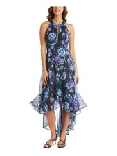 Nightway Women Maxi Party Fit Flare Dress Round Neck Inset Hi Lo Hem Navy SZ 2