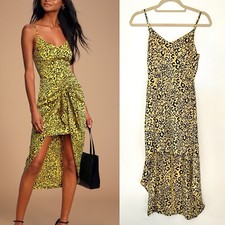 Lulus Odette Yellow Leopard Print Satin Tie-Front High-Low Dress Size XS