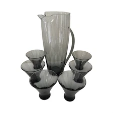 Morgantown Glass “Normandie” Smoke Gray Pitcher & 6 Glasses, Mid-Century Modern