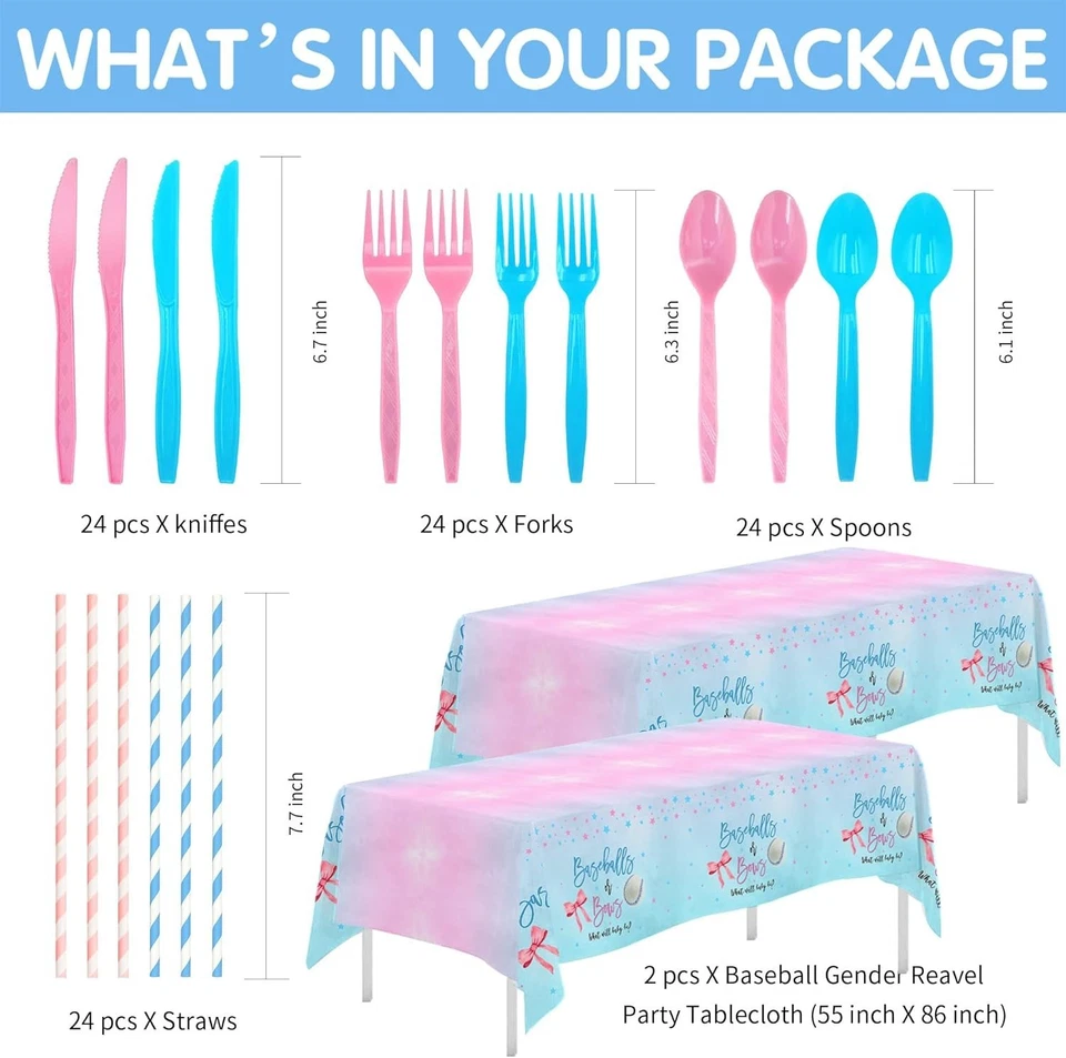 Vajilla desechable de béisbol y lazos para baby shower revelación de género - (2) manteles Foto 3 de 4