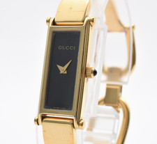 Gucci 1500L Bangle Watch Gold Black Dial Quartz Ladies Vintage 12mm Works 23