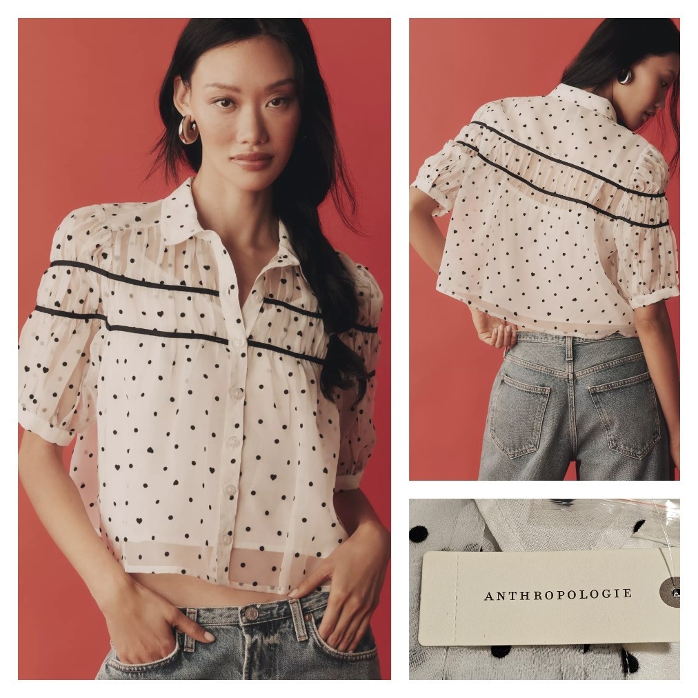 Blusa ANTHROPOLOGIE Maeve The Leandra Yugo Fruncido Blanco y Negro Grande Nueva con Etiquetas $128