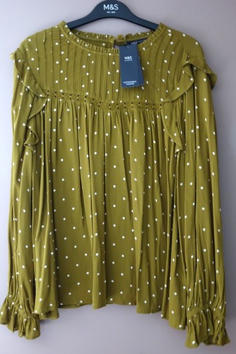BLUSA MANCHADA MANGA LARGA M&S SEÑORA TALLA 22 OCRE - NUEVA