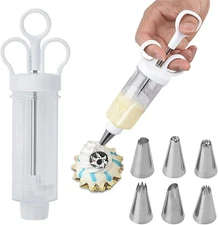 Cake Decorating Gun & Icing Piping Kit with 6 Stainless Steel Tips, White