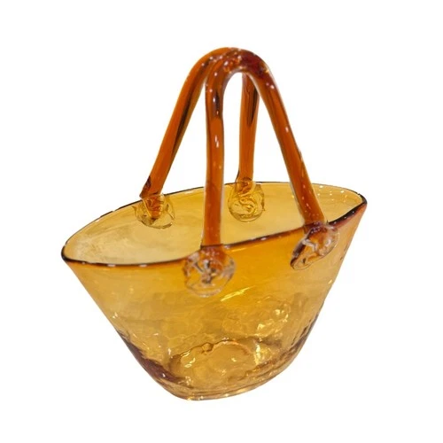 Vintage Italian Murano Glass Amber Hand Blown Glass Purse  Basket Vase 7 Inch