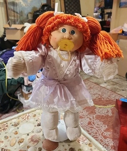 Cabbage Patch Kid Girl Doll #4 Paci Face Red Hair,Green Eyes,Purple Dress Tights