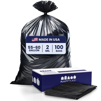Plasticplace 55-60 Gallon Trash Bags, Black, 2.0 Mil, 100 Count