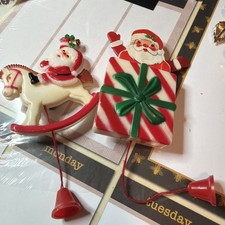 Vtg Christmas Santa Rocking Horse Pull Bell String Pop Up Pin Plastic Holiday 2