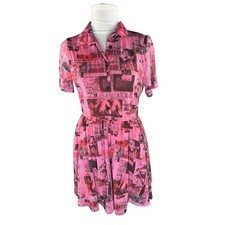 Urban Outfitters Pink Newspaper Print Mesh Mini Shirt Dress Womens Medium M