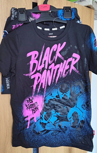 M&S Marvel Black Panther Graphic Print Pyjama Set 8-9 Years Black Cotton