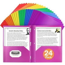 Dunwell Plastic 2 Pocket Folders with 3 Prongs, (24 Pack, Assorted Colors), B...