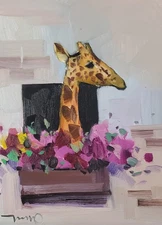 Whimsical Giraffe Art PRINT Painting 16x20 by Artist Jose Trujillo Window Floral
