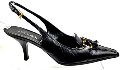 Prada Black Leather Tassel Gold Hardware Slingback Heels Womens EU 37 US 6.5 Box