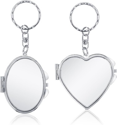 2 Packs Mini Mirror Keychain, 1.3inches Cute Foldable Small Heart+elliptical 