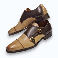 Men Handmade Premium Quality Beige & Brown Leather Single Monk Strap Dress Shoes