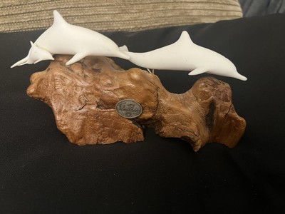 John Perry Dolphin Family Sculpture 3 White Resin Pod On Burl Wood