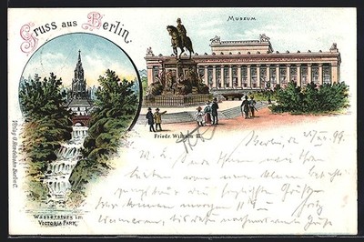 Lithographie Berlin-Kreuzberg, Museum mit Denkmal Friedrich Wilhelm III., Wasse 