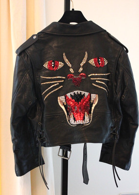 GUCCI $8K ANGRY CAT Crystal Embellished Lion/Tiger Crop Leather Moto Jacket 42/M