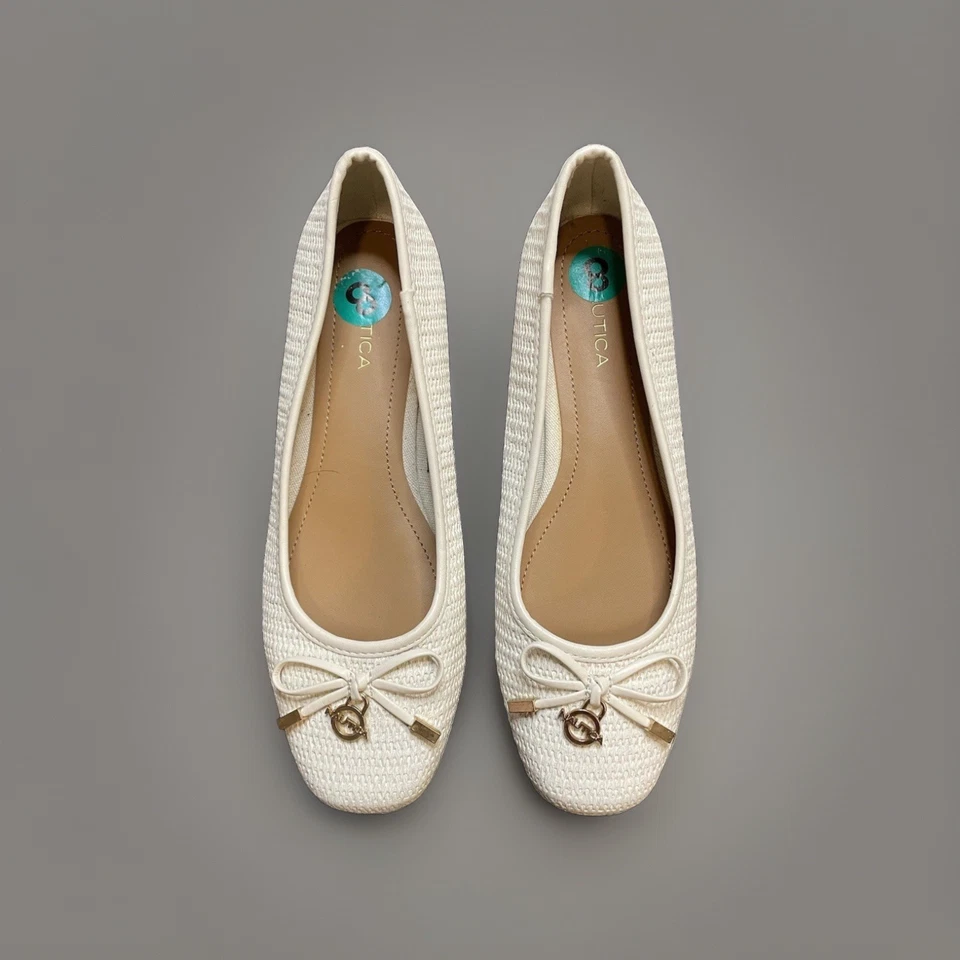 Nautica Gladview Cream Off-White Woven Bow Grommet Logo Charm Ballet Flats 8 - Image 3 of 4