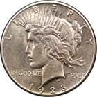 1928 Peace Silver Dollar $1, About Uncirculated AU+, Light Toning