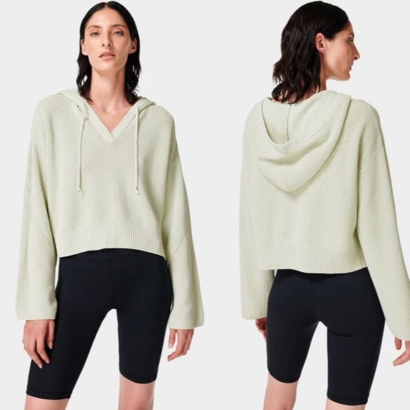 sweaty-betty avocado knitted crop sweater hoodie