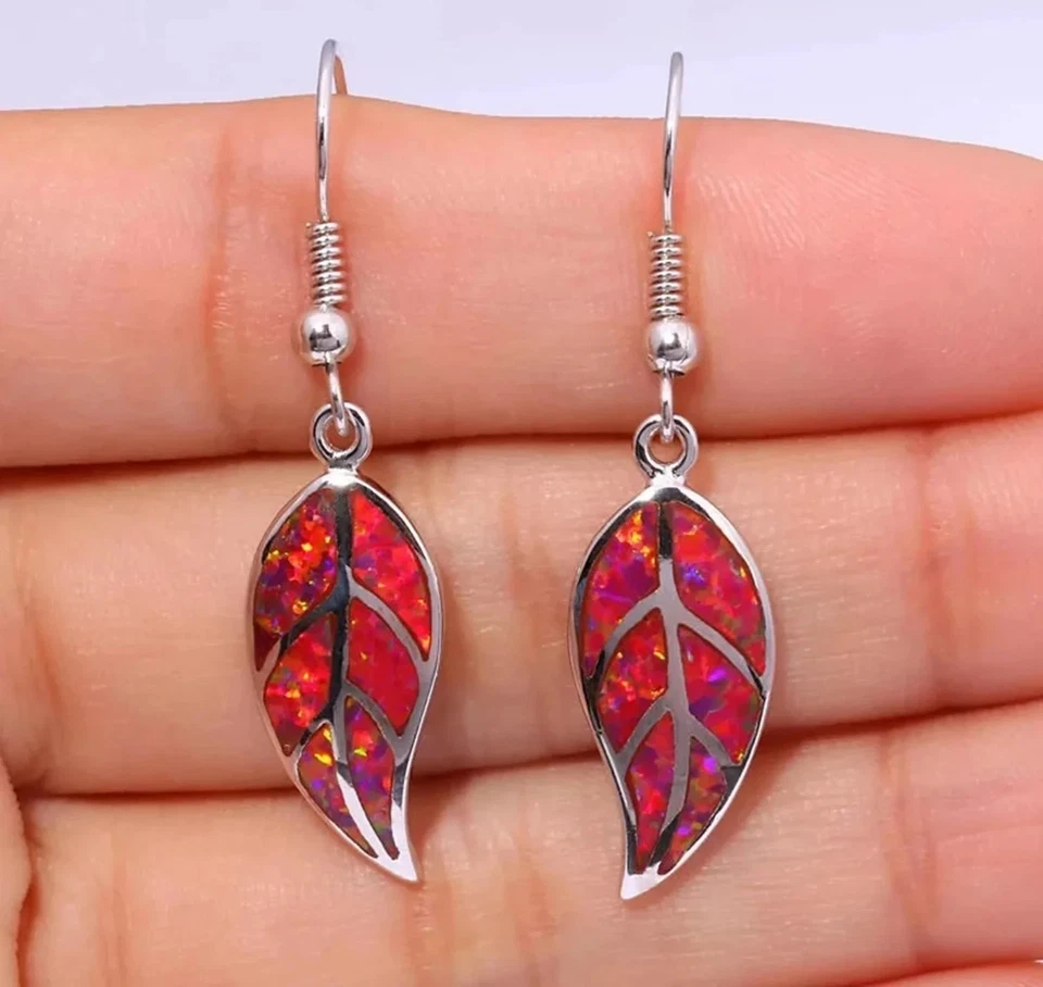 Seltene Rote Opal Blatt Ohrringe versilbert rote Feueropal Ohrringe in Siber rot - Bild 4 von 4