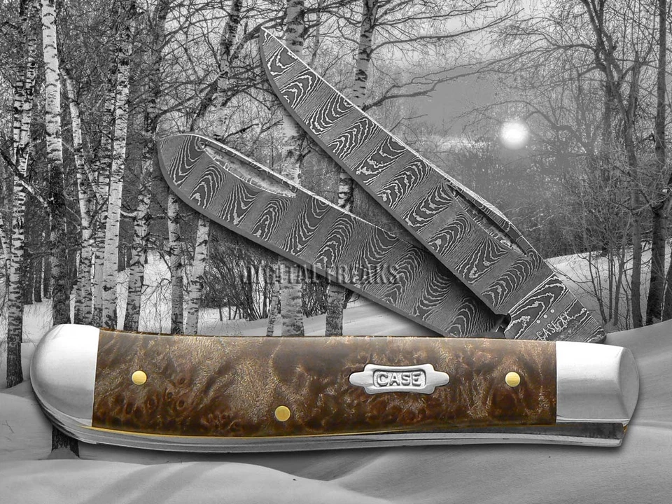 Case xx Mini Trapper Damascus Steel Natural Maple Burl Wood 15091 Pocket Knife - Image 2 of 4